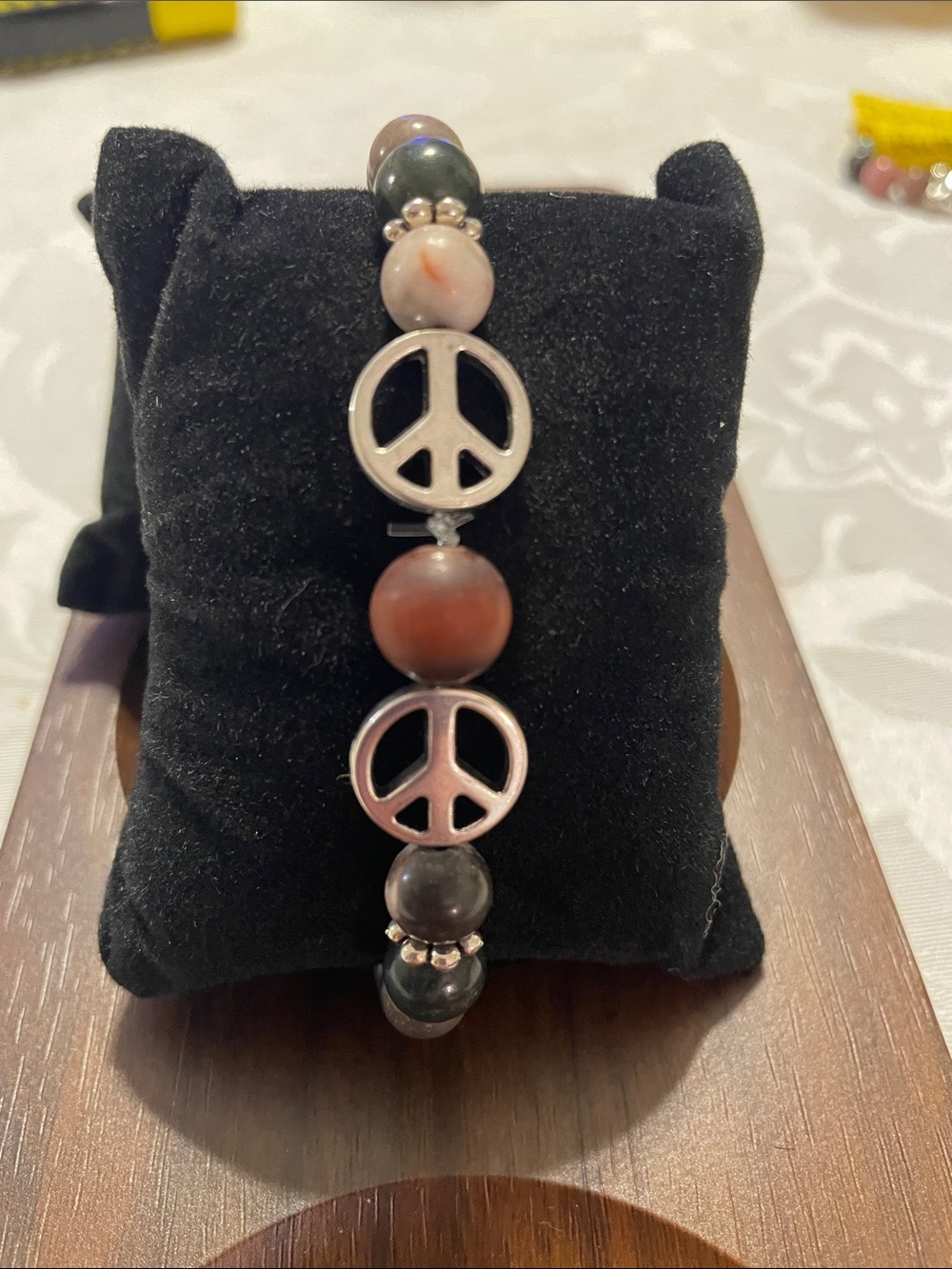 6.75” stretch Boho Peace Sign Beaded Bracelet - multi authentic stones